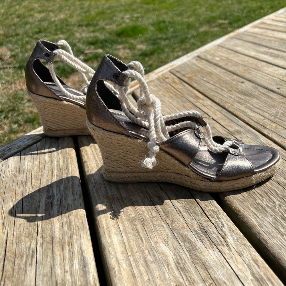 EUC J.Crew Gunmetal Marina Espadrille Wedge Sandal Size 8